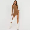 EGO Long Sleeves Tie Back Detail Side Split Mini Dress In Light Brown Ribbed -The Perla Dress Sales Store 01 09 2213451 sq scaled
