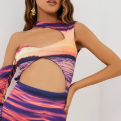 EGO High Neck Cut Out Sleeve Detail Mini Bodycon Dress In Sunset Print -The Perla Dress Sales Store 01 09 2215452 scaled