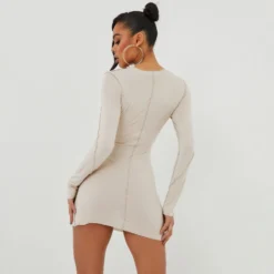EGO Long Sleeve Seam Detail Mini Bodycon Dress In Stone -The Perla Dress Sales Store 01 11 22 july18956 sq scaled