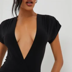 EGO Plunge Neck Ruched Detail Mini Bodycon Dress In Black Slinky -The Perla Dress Sales Store 01 11 22 july19499 copy scaled