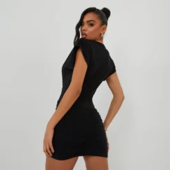 EGO Plunge Neck Ruched Detail Mini Bodycon Dress In Black Slinky -The Perla Dress Sales Store 01 11 22 july19513 copy scaled