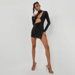 EGO High Neck Long Sleeve Cut Out Detail Side Split Mini Dress In Black Sequin -The Perla Dress Sales Store 01 11 22 july19523 copy scaled