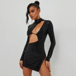 EGO High Neck Long Sleeve Cut Out Detail Side Split Mini Dress In Black Sequin