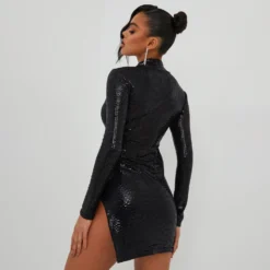 EGO High Neck Long Sleeve Cut Out Detail Side Split Mini Dress In Black Sequin -The Perla Dress Sales Store 01 11 22 july19543 copy scaled