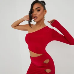 EGO One Sleeve Cut Out Ruched Detail Mini Bodycon Dress In Red Slinky -The Perla Dress Sales Store 01 11 22 july19786 copy 2 scaled