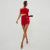 EGO One Sleeve Cut Out Ruched Detail Mini Bodycon Dress In Red Slinky