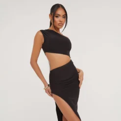 EGO One Shoulder Cut Out Ruched Side Detail Split Leg Maxi Dress In Black -The Perla Dress Sales Store 02 05 23 jul92286 s scaled