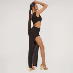 EGO One Shoulder Cut Out Ruched Side Detail Split Leg Maxi Dress In Black -The Perla Dress Sales Store 02 05 23 jul92293 s scaled