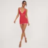 EGO Halterneck Tie Side Detail Plunge Mini Bodycon Dress In Red Crochet Knit