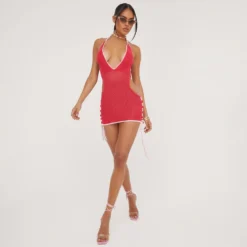EGO Halterneck Tie Side Detail Plunge Mini Bodycon Dress In Red Crochet Knit