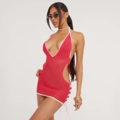 EGO Halterneck Tie Side Detail Plunge Mini Bodycon Dress In Red Crochet Knit -The Perla Dress Sales Store 02 05 23 jul93084 s scaled