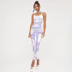 EGO Thin Straps Scoop Neck Open Back Detail Body Print Maxi Dress In Purple Multi