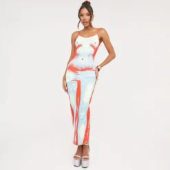 EGO Thin Straps Scoop Neck Open Back Detail Body Print Maxi Dress In Red Multi