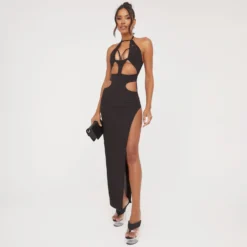 EGO Halterneck Extreme Cut Out Detail Open Back Split Side Maxi Dress In Black Slinky