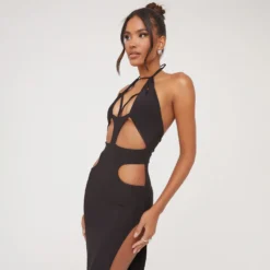 EGO Halterneck Extreme Cut Out Detail Open Back Split Side Maxi Dress In Black Slinky -The Perla Dress Sales Store 04 04 23 noara78958 s scaled