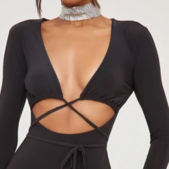 EGO Long Sleeve Ruched Bust Cut Out Tie Waist Detail Mini Bodycon Dress In Black Slinky -The Perla Dress Sales Store 04 04 23 noara79028 s scaled