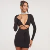 EGO Long Sleeve Ruched Bust Cut Out Tie Waist Detail Mini Bodycon Dress In Black Slinky -The Perla Dress Sales Store 04 04 23 noara79029 s scaled