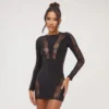 EGO Long Sleeve Lace Insert Detail Contour Mini Bodycon Dress In Black Slinky