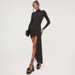 EGO Long Sleeve High Neck Ruched Drape Detail Mini Bodycon Dress In Black Slinky -The Perla Dress Sales Store 04 04 23 noara79074 s scaled