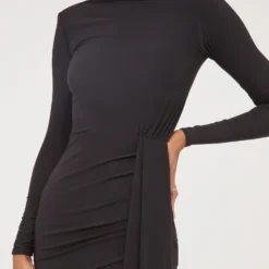EGO Long Sleeve High Neck Ruched Drape Detail Mini Bodycon Dress In Black Slinky -The Perla Dress Sales Store 04 04 23 noara79083 s scaled