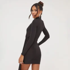 EGO Long Sleeve High Neck Ruched Drape Detail Mini Bodycon Dress In Black Slinky -The Perla Dress Sales Store 04 04 23 noara79088 s scaled