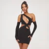EGO One Shoulder Twist Cut Out Detail Mini Bodycon Dress With Sleeves In Black Slinky