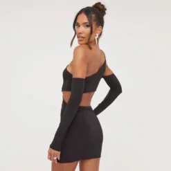 EGO One Shoulder Twist Cut Out Detail Mini Bodycon Dress With Sleeves In Black Slinky -The Perla Dress Sales Store 04 04 23 noara79115 s scaled
