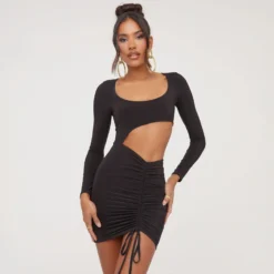 EGO Long Sleeve Cut Out Ruched Front Detail Mini Bodycon Dress In Black Slinky