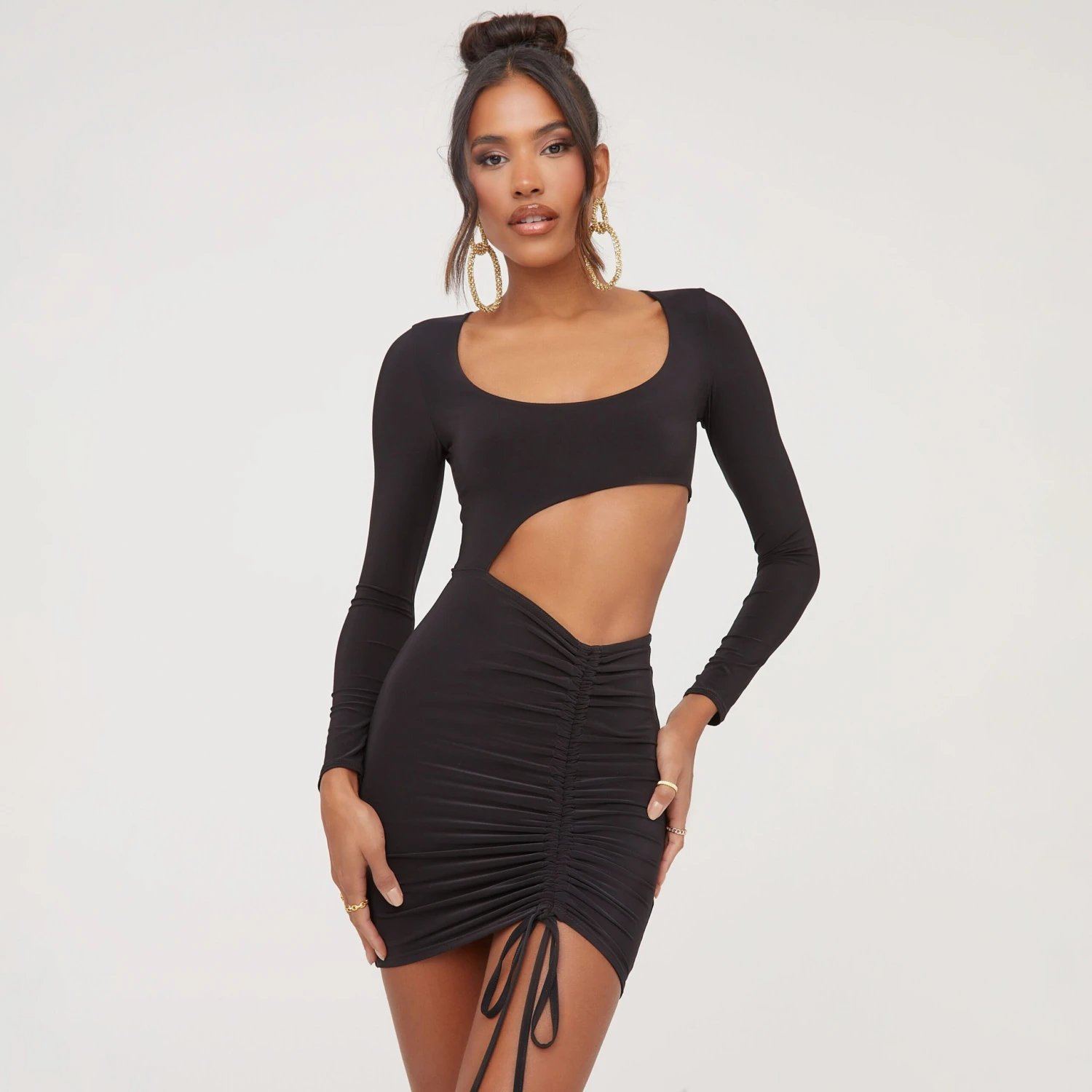 EGO Long Sleeve Cut Out Ruched Front Detail Mini Bodycon Dress In Black Slinky 3 EGO Long Sleeve Cut Out Ruched Front Detail Mini Bodycon Dress In Black Slinky