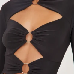 EGO Long Sleeve High Neck Ring Cut Out Detail Mini Bodycon Dress In Black Slinky -The Perla Dress Sales Store 04 04 23 noara79223s scaled