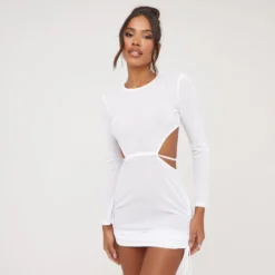EGO Long Sleeve Cut Out Ruched Detail Mini Dress In White Knit -The Perla Dress Sales Store 04 04 23 noara79334 sq scaled