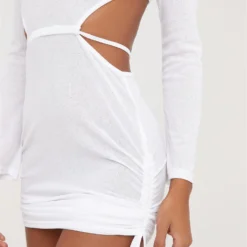 EGO Long Sleeve Cut Out Ruched Detail Mini Dress In White Knit -The Perla Dress Sales Store 04 04 23 noara79339 sq scaled