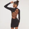 EGO Long Sleeve High Neck Open Back Strap Detail Mini Bodycon Dress In Black Slinky