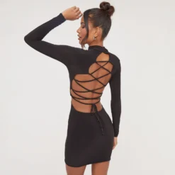 EGO Long Sleeve High Neck Open Back Strap Detail Mini Bodycon Dress In Black Slinky