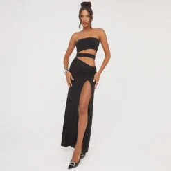 EGO Bandeau Cut Out Detail Front Split Maxi Dress In Black