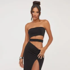 EGO Bandeau Cut Out Detail Front Split Maxi Dress In Black -The Perla Dress Sales Store 04 04 23 noara79449 sq scaled