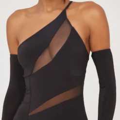 EGO One Shoulder Cut Out Mesh Panel Detail Mini Bodycon Dress With Sleeves In Black Slinky -The Perla Dress Sales Store 04 04 23 noara79492 s scaled