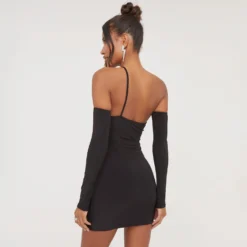 EGO One Shoulder Cut Out Mesh Panel Detail Mini Bodycon Dress With Sleeves In Black Slinky -The Perla Dress Sales Store 04 04 23 noara79495 s scaled