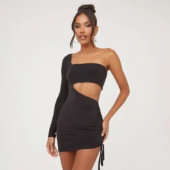 EGO One Sleeve Cut Out Ruched Detail Mini Bodycon Dress In Black Slinky -The Perla Dress Sales Store 04 04 23 noara79516 s scaled
