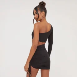 EGO One Sleeve Cut Out Ruched Detail Mini Bodycon Dress In Black Slinky -The Perla Dress Sales Store 04 04 23 noara79527 s scaled