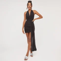 EGO Plunge Cowl Neck Drape Detail Mini Bodycon Dress In Black Slinky