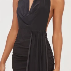 EGO Plunge Cowl Neck Drape Detail Mini Bodycon Dress In Black Slinky -The Perla Dress Sales Store 04 04 23 noara79551 sq scaled