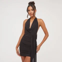 EGO Plunge Cowl Neck Drape Detail Mini Bodycon Dress In Black Slinky -The Perla Dress Sales Store 04 04 23 noara79557 sq scaled