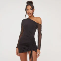 EGO One Soulder Ruched Detail Mesh Sleeves Mini Bodycon Dress In Black Slinky -The Perla Dress Sales Store 04 04 23 noara79580 s scaled