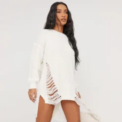 EGO Long Sleeve Distressed Detail Jumper Dress In Cream Knit -The Perla Dress Sales Store 05 01 23 ming41217 sq scaled