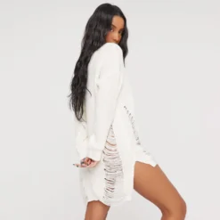 EGO Long Sleeve Distressed Detail Jumper Dress In Cream Knit -The Perla Dress Sales Store 05 01 23 ming41240 sq scaled