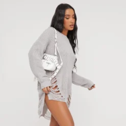 EGO Long Sleeve Distressed Detail Jumper Dress In Grey Knit -The Perla Dress Sales Store 05 01 23 ming41295 sq scaled