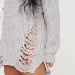 EGO Long Sleeve Distressed Detail Jumper Dress In Grey Knit -The Perla Dress Sales Store 05 01 23 ming41301 sq scaled