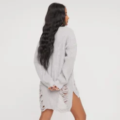EGO Long Sleeve Distressed Detail Jumper Dress In Grey Knit -The Perla Dress Sales Store 05 01 23 ming41305 sq scaled
