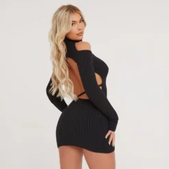EGO High Neck Cut Out Strap Detail Backless Mini Bodycon Dress In Black Knit -The Perla Dress Sales Store 06 02 23 emily53450 s scaled